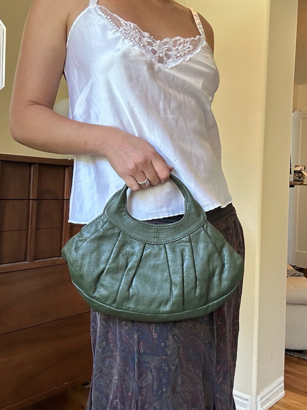Y2K old navy Green Leather Pleated Mini Tote Bag